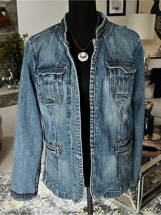 Motto Jackets & Blazers - Washed Blue Denim Jacket with Bead-Trim Stand Collar